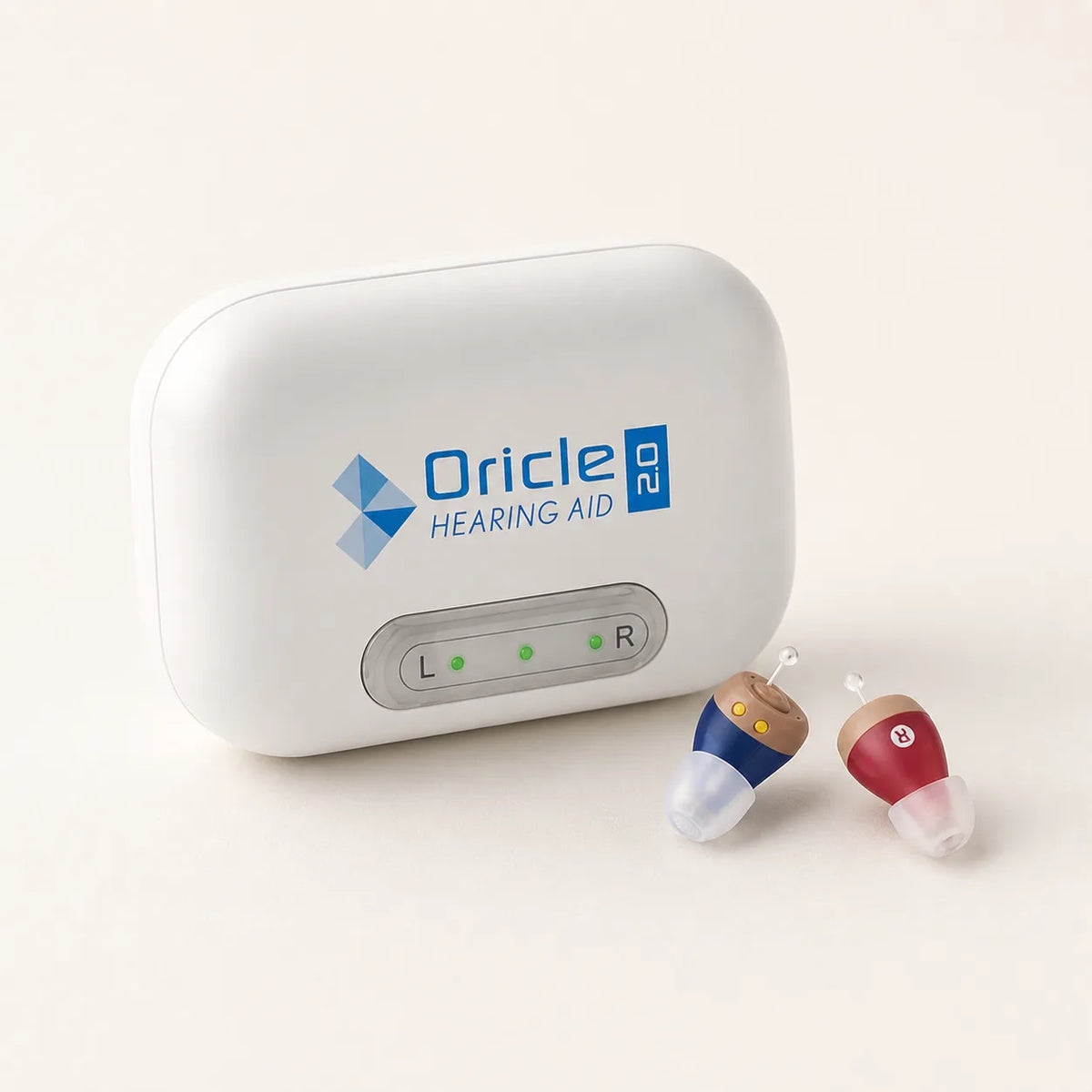 An Oricle 2.0 charging case with a pair of hearing aids