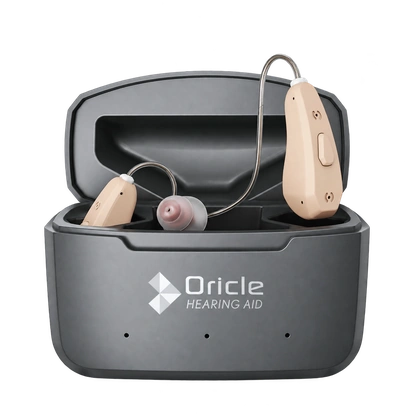 Oricle TrueFit hearing aids in their charging case