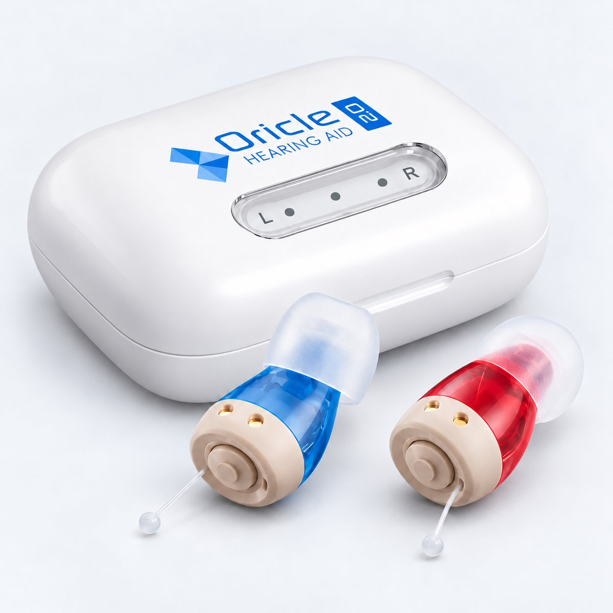 Oricle 2.0 charging case with a red and blue pair of in-ear hearing aids
