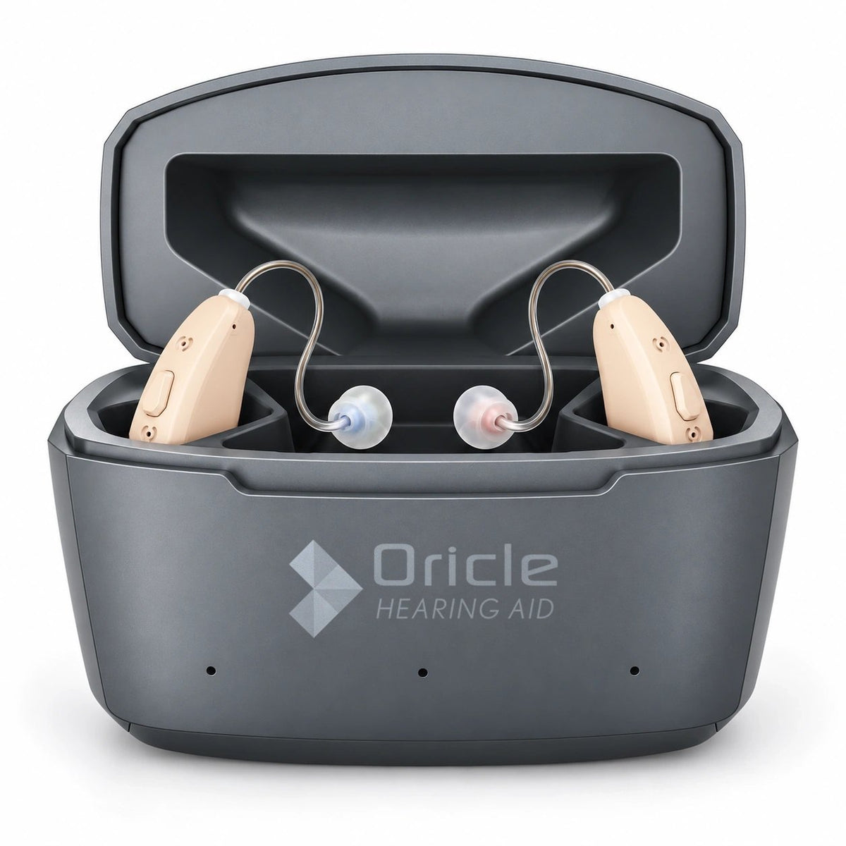 Oricle TrueFit gray charging case open with two beige receiver-in-canal hearing aids seated inside
