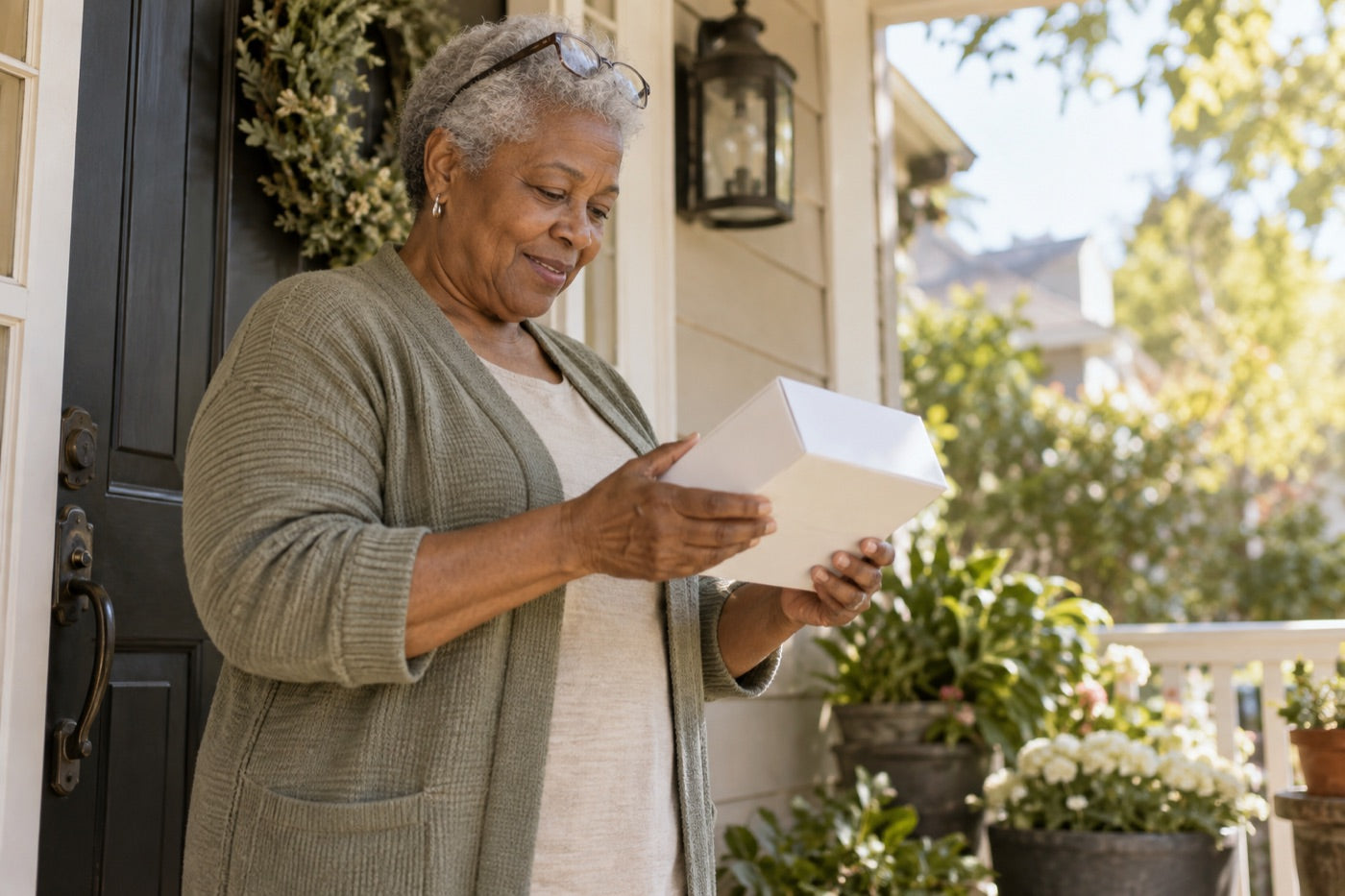 An older woman at her front door looking at a small parcel she has just received