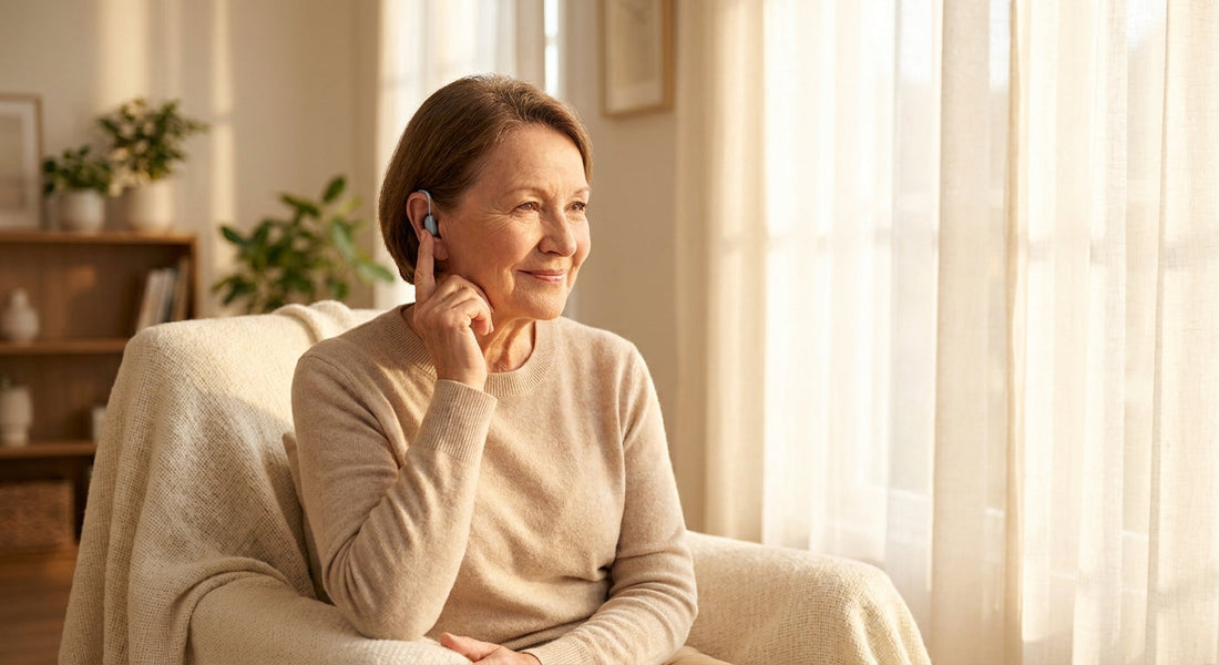 A smiling older adult holding a small modern hearing aid near their ear in a warmly lit home setting, conveying confidence and ease.