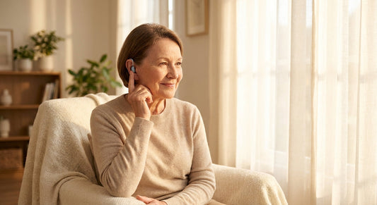 A smiling older adult holding a small modern hearing aid near their ear in a warmly lit home setting, conveying confidence and ease.