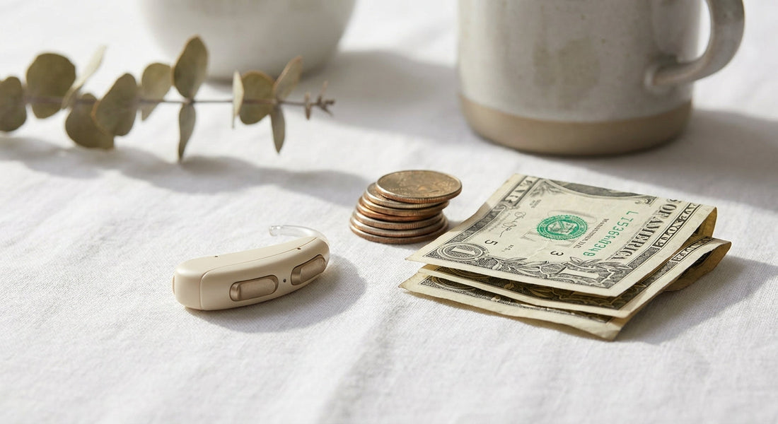 A modern hearing aid resting beside a small stack of coins and folded dollar bills on a clean white surface, lit with soft natural light.