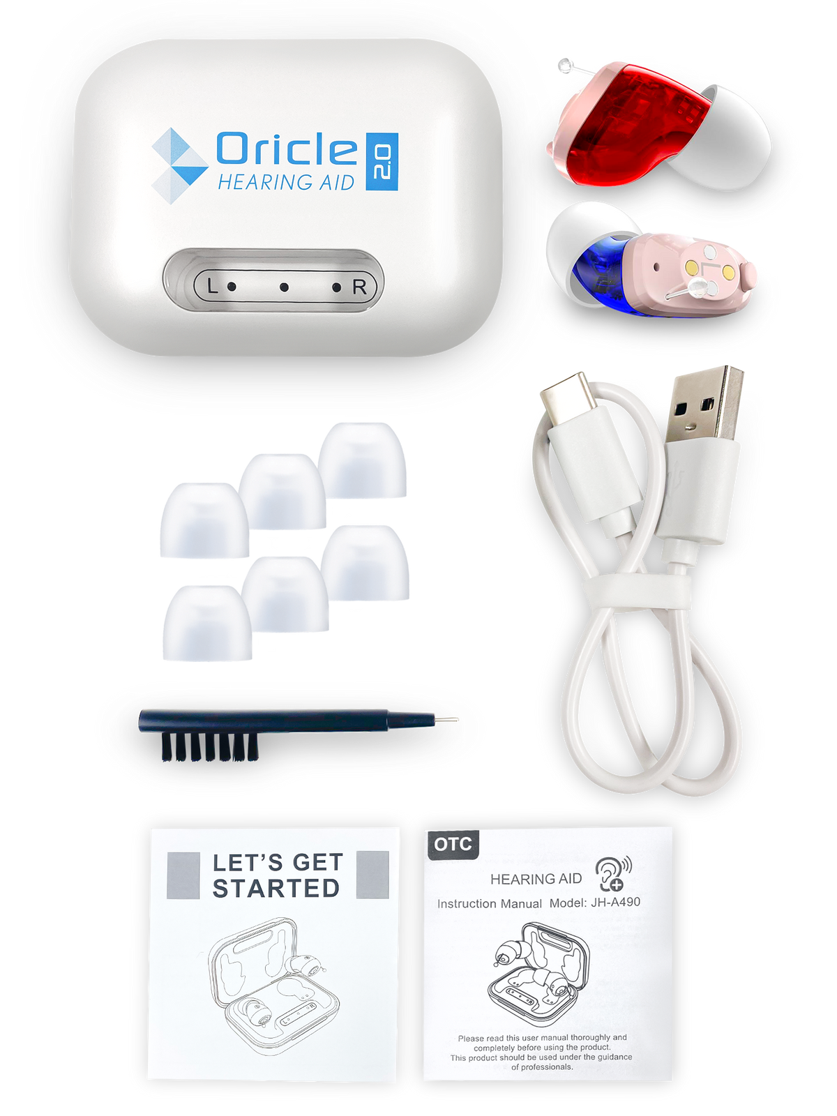 The kit laid out flat: charging case, two hearing aids, ear tips, cleaning brush, USB cable, and printed guides