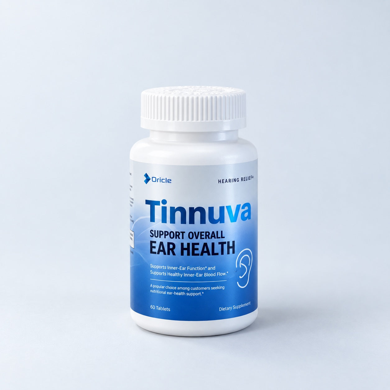 A bottle of Oricle Tinnuva, 60 tablets, labelled Support overall ear health