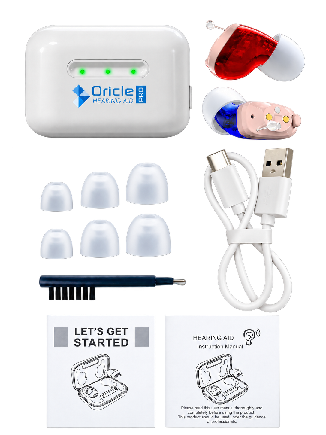 The kit laid out flat: charging case, two hearing aids, ear tips, cleaning brush, USB cable, and printed guides