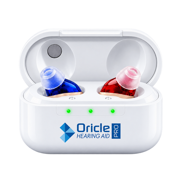 Oricle Pro hearing aids in their charging case