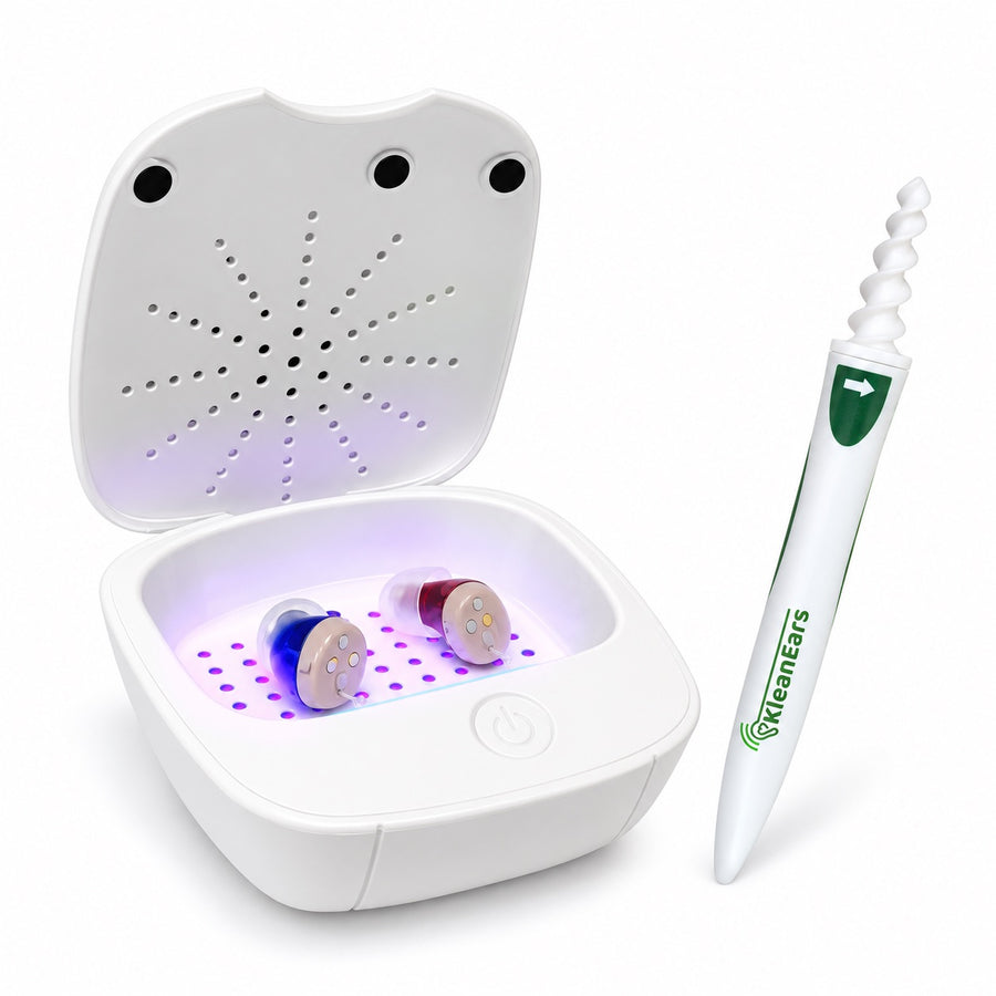 The UV Sanitizer & Dryer, open, with the Klean Ears tool