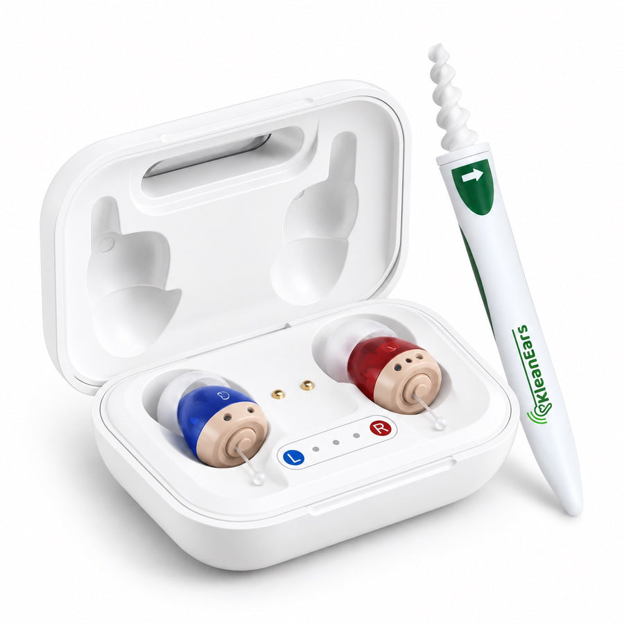 The Oricle 2.0 in its open charging case, with the Klean Ears tool