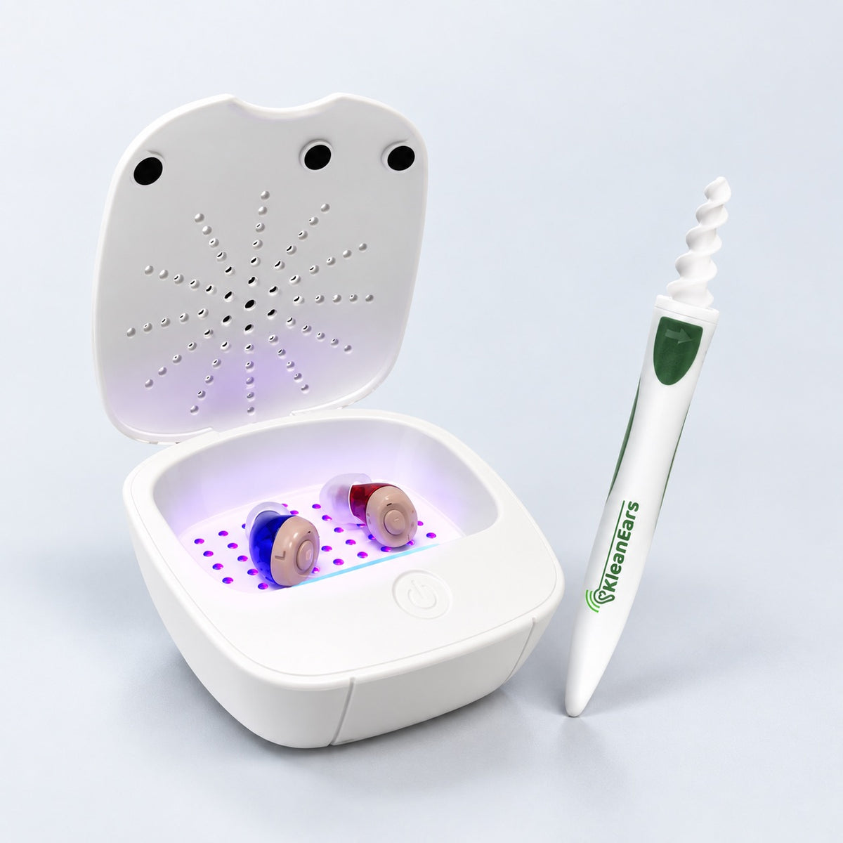 The UV Sanitizer and Dryer, open, with the Klean Ears tool