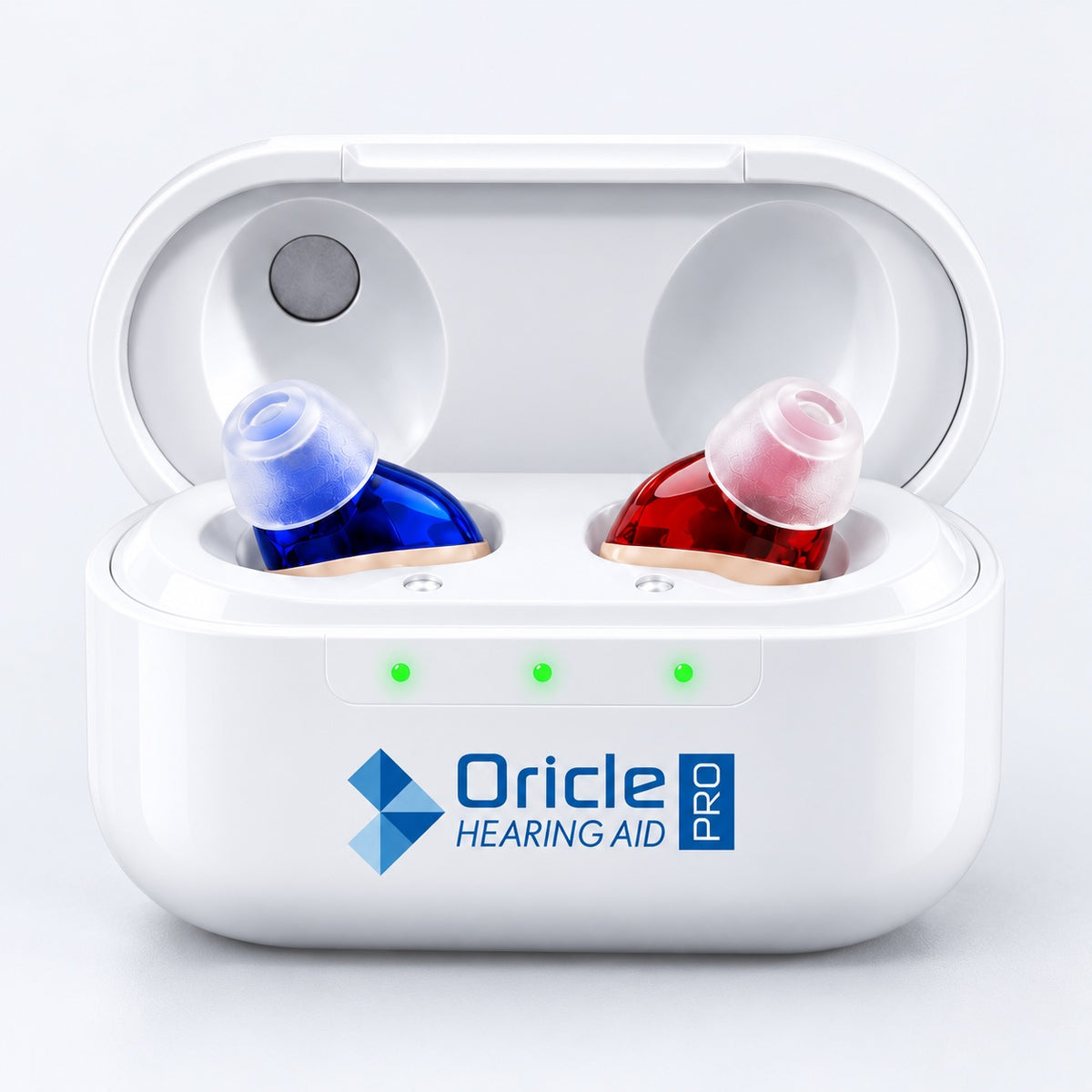 Oricle Pro charging case open with a red and blue pair of in-ear hearing aids