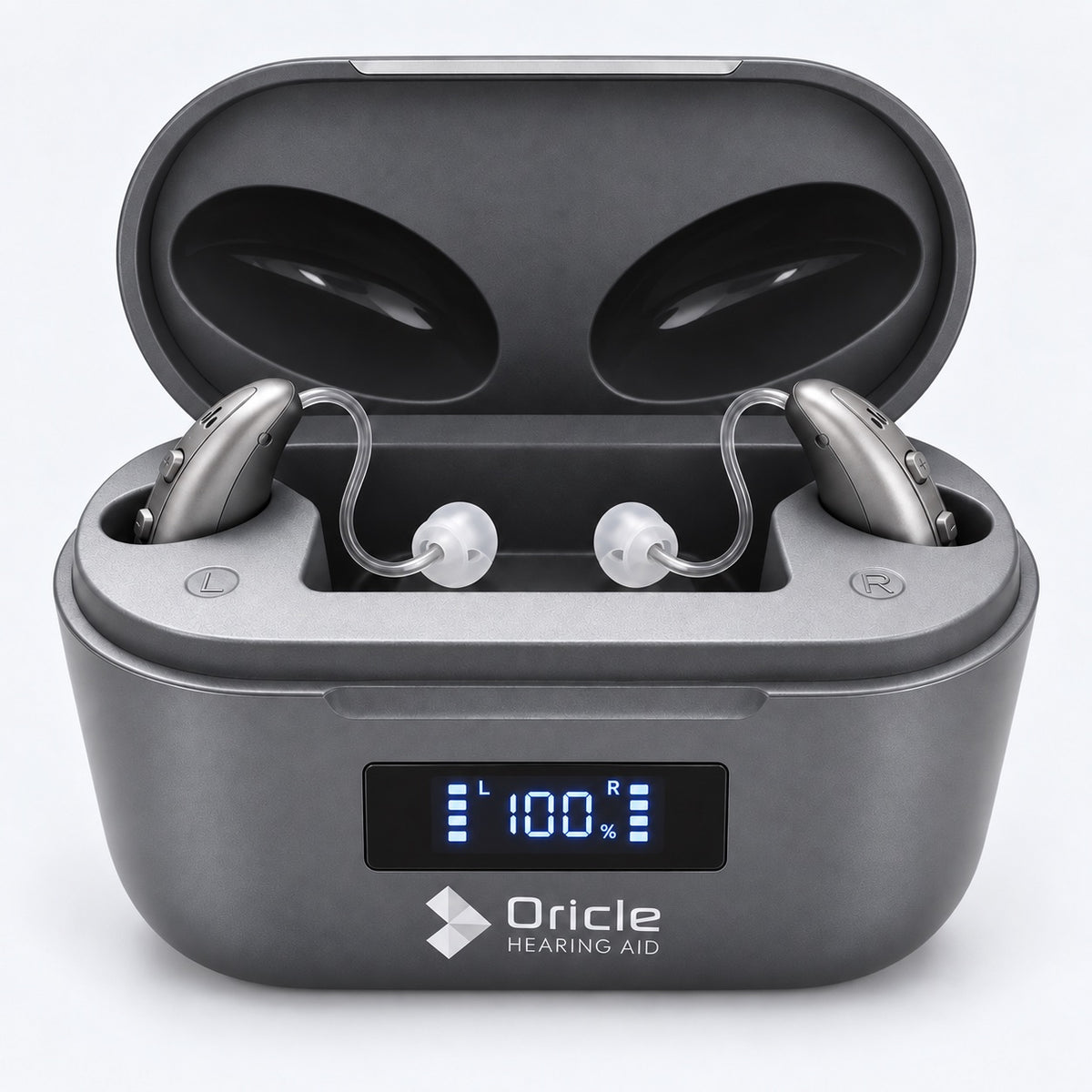 Oricle TrueFit gray charging case open with two behind-the-ear hearing aids seated inside and a front battery display