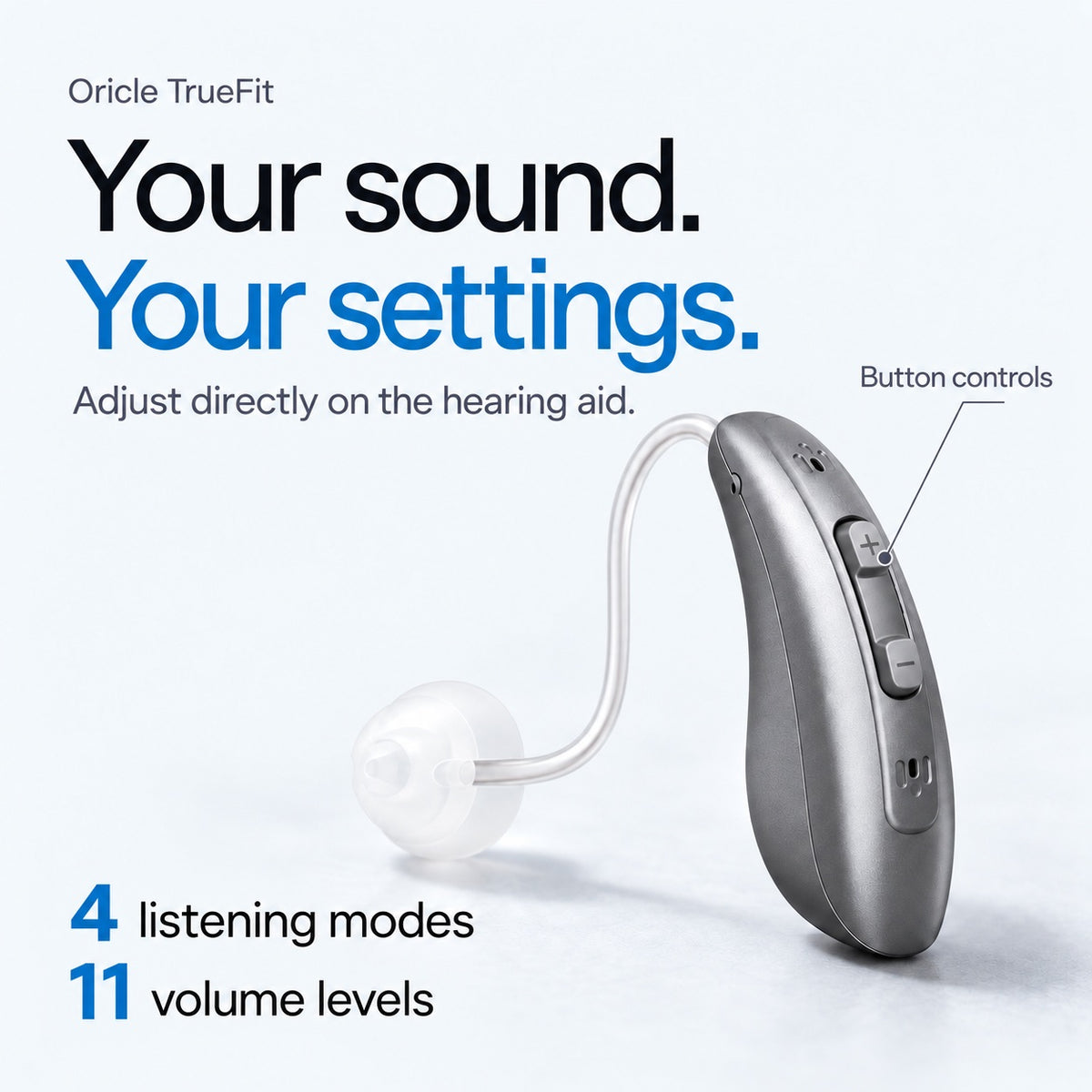 Oricle TrueFit. Your sound. Your settings. Adjust directly on the hearing aid with 4 listening modes and 11 volume levels. A callout points to the plus and minus buttons