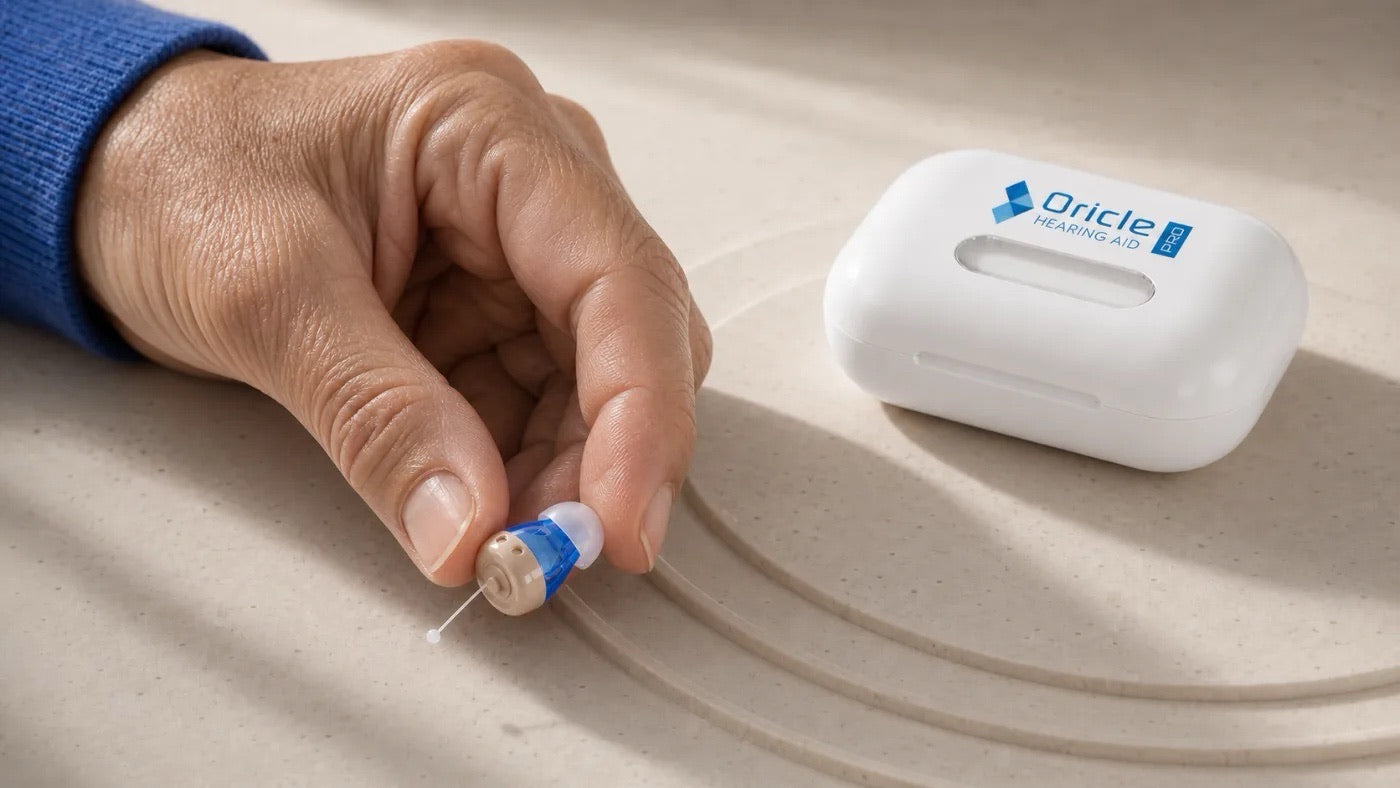 A hand holding an Oricle Pro hearing aid next to its white charging case