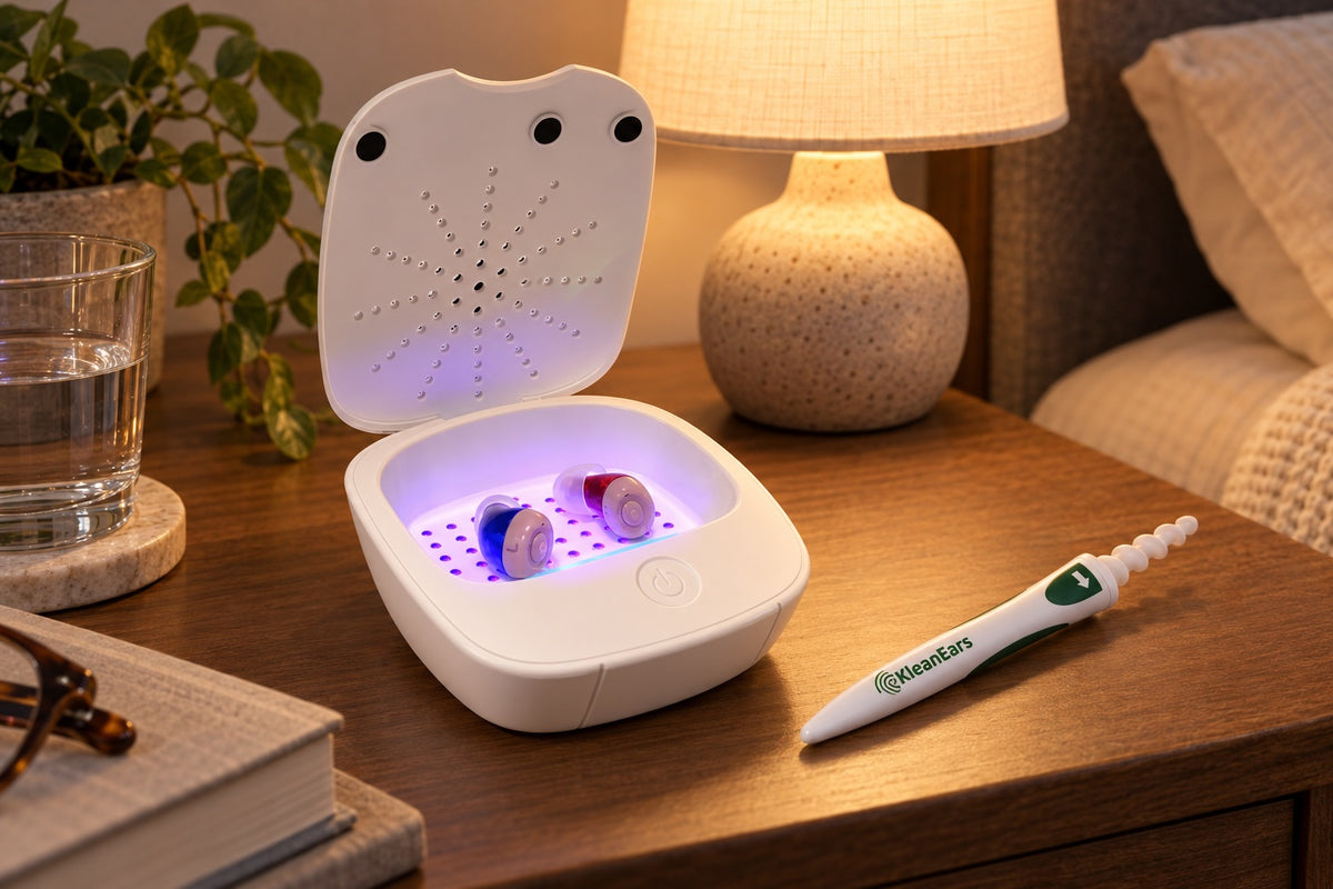 The UV Sanitizer glowing on a bedside table beside the Klean Ears tool