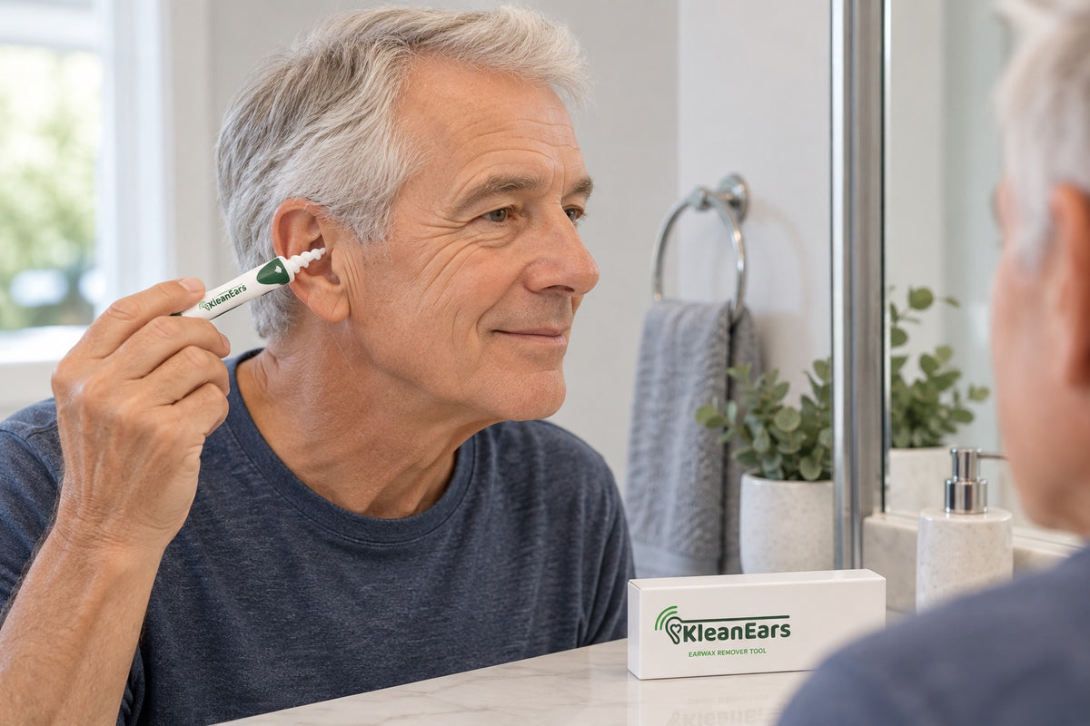 An older man at a bathroom mirror holding the Klean Ears tool